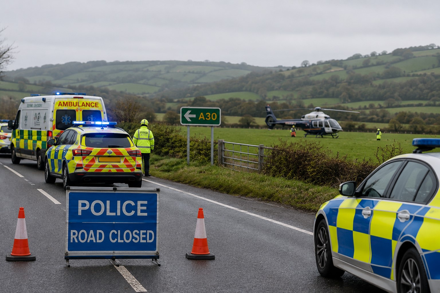 Emergency Services Respond After Helicopter Crash Near A30 in Devon